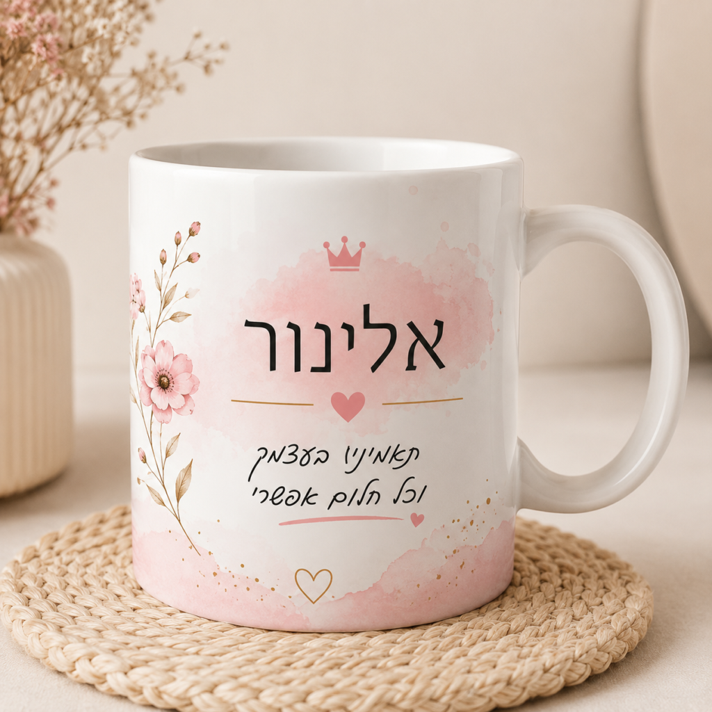 ספל לבן בעיצוב אישי עם שם ותמונה