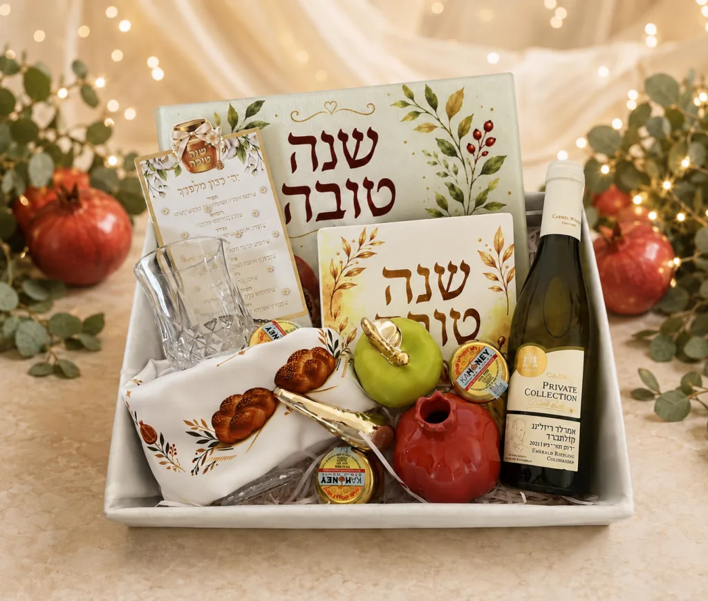 מארז ראש השנה יוקרתי עם יין, דבש וכלי חג